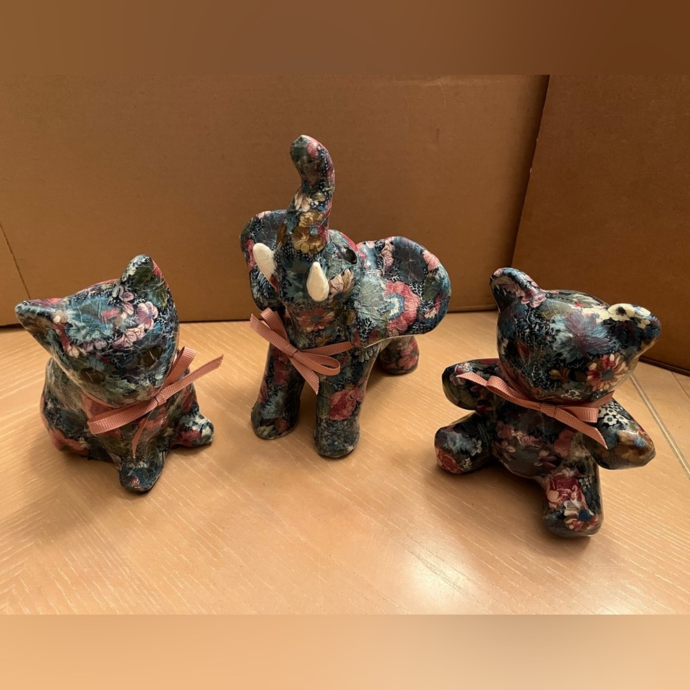 Vintage floral Decoupage paper mache animal figurines from the 80s.